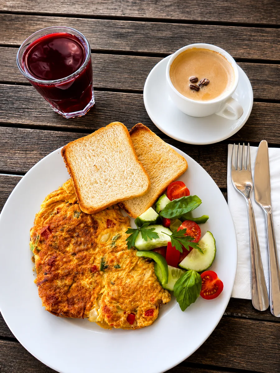 Frühstück: Omelette, Kaffee und Bissap